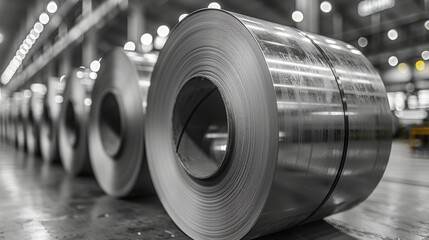 Large industrial rolls of steel with a shiny finish in a warehouse, reflecting overhead lights - obrazy, fototapety, plakaty