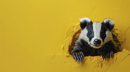 A badger emerges from a painted underground burrow on the wall against a clear yellow render background. - obrazy, fototapety, plakaty