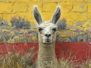 Fototapeta premium A confused llama emerging from a painted Andean landscape on the wall, on a clear yellow render background