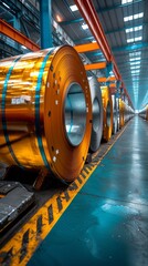 Large steel coils with orange wrapping are stored in an industrial warehouse with high ceilings