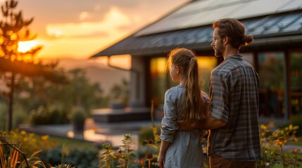 Man and a young girl stand together, watching the sunset near a modern house - Powered by Adobe