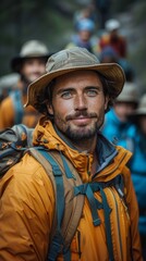 Obraz premium Man with blue eyes wearing a hat and a yellow jacket stands in a crowd outdoors