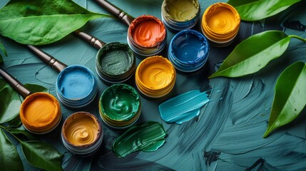 Open paint cans with vibrant colors and brushes on a blue textured surface surrounded by green leaves - Powered by Adobe