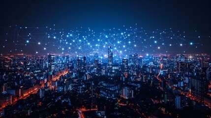 Obraz premium Nighttime cityscape with illuminated buildings under a network of digital connections overlaying the sky