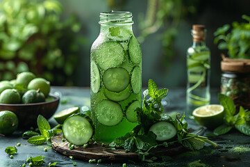 A vibrant and refreshing herbs and fruits juice in a clear glass, surrounded by fresh herbs and fruits, symbolizing a health food concept and healthy eating lifestyle
