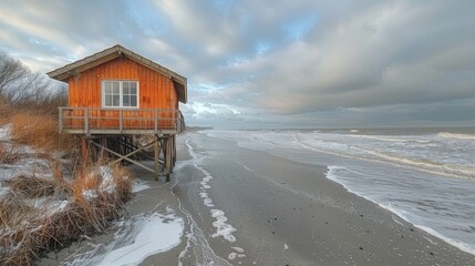 Orange wooden cabin on stilts overlooking a sandy beach with dramatic clouds in the sky