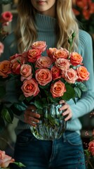 Person in a blue sweater holds a clear vase filled with blooming orange roses