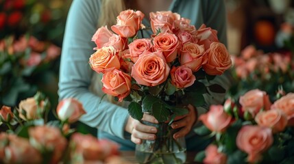 Person holding a bouquet of fresh pink roses in a glass vase, blurred background