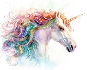 Imagine a magical unicorn with pastel-colored fur and sparkly rainbow mane illustrations