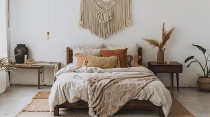 Modern Bohemian Bedroom with Layered Textures & Macrame Decor AI Generated.