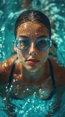 Naklejka premium Person with goggles is submerged in clear water, gazing intently at the camera, bubbles visible