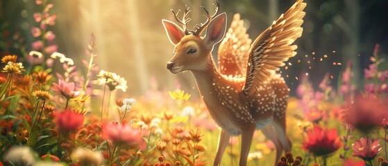 Obraz na płótnie Canvas Sketch a sweet deer with wings levitating above a field of colorful flowers. 3D render