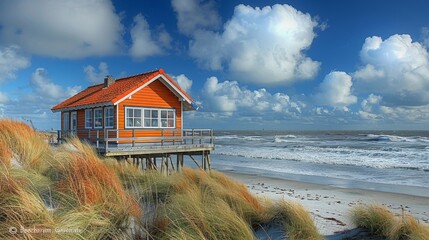 Picturesque orange wooden house stands on stilts above a sandy beach with rough sea waves