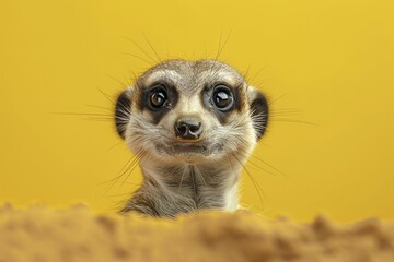 A meerkat popping out of a burrow, standing erect and startled by the sudden exposure, on a clear yellow render background.
