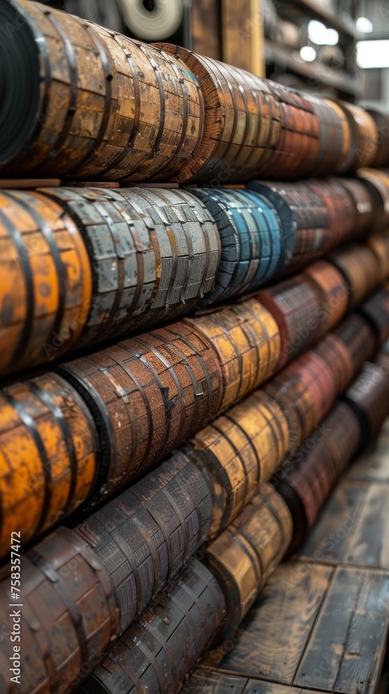 Aufkleber rows of used automobile tires stacked horizontally showcasing various tread patterns and degrees of 