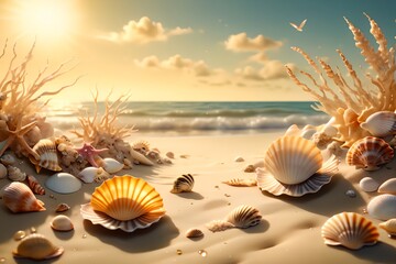 abstract background of seashells against the backdrop of the sea.