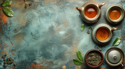 Rustic tea setting with pots, cups of brewed tea, loose leaves, and fresh green basil