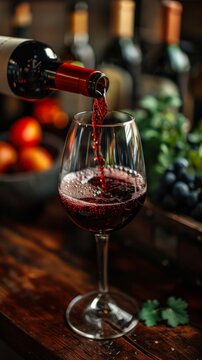 Red wine pours from a bottle into a glass, with grapes and a blurred background