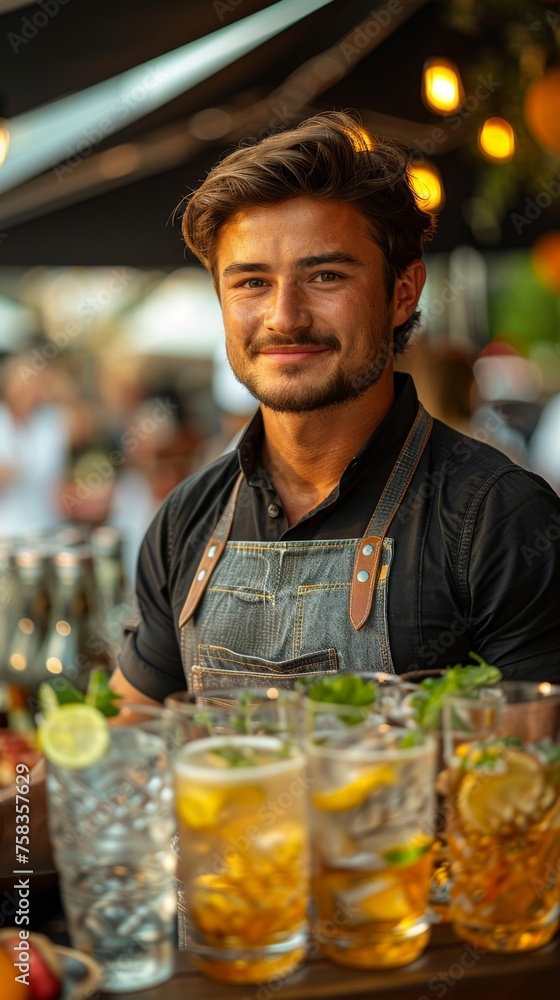 Poster Smiling bartender in an apron stands behind a bar with various glasses of iced drinks