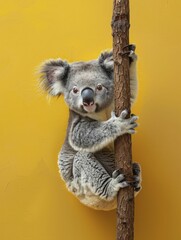 A puzzled koala clinging to a branch that merges with the wall, on a clear yellow render background.
