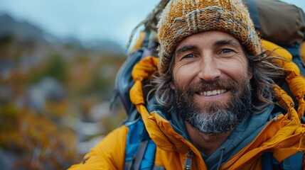 Smiling bearded man wearing a knit hat and a yellow jacket with a backpack outdoors