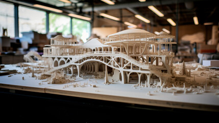 A table hosts a detailed architectural model, offering a miniature yet precise representation of structural design and architectural brilliance. Banner. Copy space.