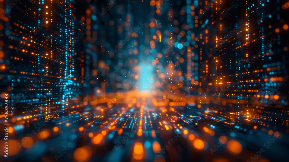 Poster abstract digital background simulating a futuristic circuit board with glowing blue and orange light