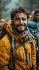 Naklejka premium Smiling man with curly hair wearing a yellow jacket and backpack, ready for an adventure