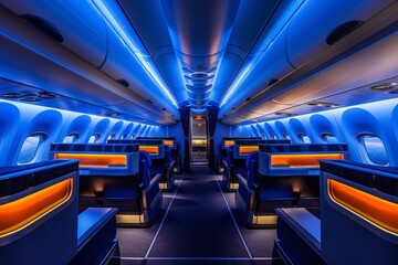 A luxurious display of first-class airplane amenities, featuring plush seats, gourmet dining options, and personalized service, all designed for utmost comfort and exclusivity. - obrazy, fototapety, plakaty