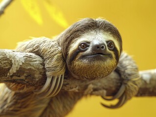 Fototapeta premium A sloth descends slowly from a torn rainforest canopy, wide-eyed in slow-motion astonishment against a clear yellow backdrop.
