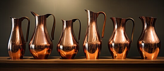 A row of copper pitchers are displayed on a wooden shelf, serving as both drinkware and an art piece. The arrangement creates a beautiful still life photography moment
