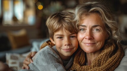 Fototapeta premium Smiling woman and a young boy embrace warmly in a cozy, indoor setting with soft lighting