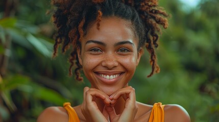 Smiling woman with auburn dreadlocks and freckles, wearing a yellow top, surrounded by greenery.