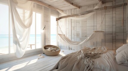 Minimalist Coastal Bedroom with Whitewashed Wood Plank Wall