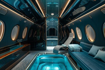Luxurious detail of an airplane first class amenities which includes a beautiful swimming pool.
