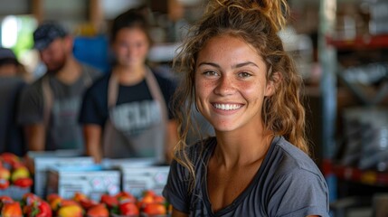 Smiling young woman with freckles in a market, surrounded by fresh produce and other people