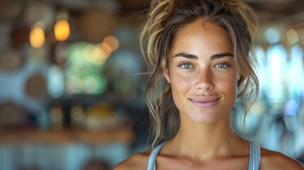 Obraz premium Smiling young woman with freckles, messy bun, subtle makeup, in a warmly lit indoor setting