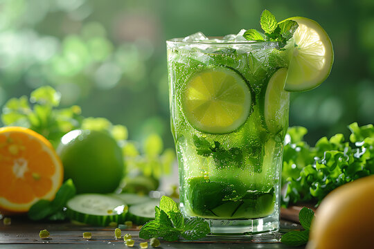 A vibrant and refreshing herbs and fruits juice in a clear glass, surrounded by fresh herbs and fruits, symbolizing a health food concept and healthy eating lifestyle