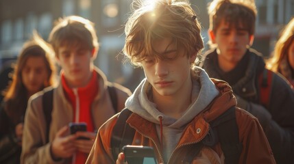 Teenagers with backpacks focused on smartphones, backlit by sun, likely commuting or gathering socially outdoors - obrazy, fototapety, plakaty