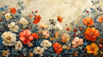 This image displays a vibrant floral painting with red, orange, blue, and white blooms on canvas