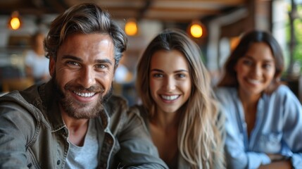 Fototapeta premium Three friends smiling at the camera, enjoying time together in a cozy, warmly lit, indoor setting