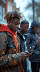 Fototapeta premium Three individuals are focused on their smartphones, standing outdoors, with one prominently in the foreground