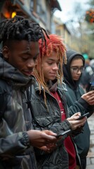 Fototapeta premium Three individuals engrossed in their smartphones, standing outdoors, with one having striking red and black hair