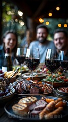 Three people enjoy a meal together, featuring red wine, grilled meat, and an assortment of appetizers