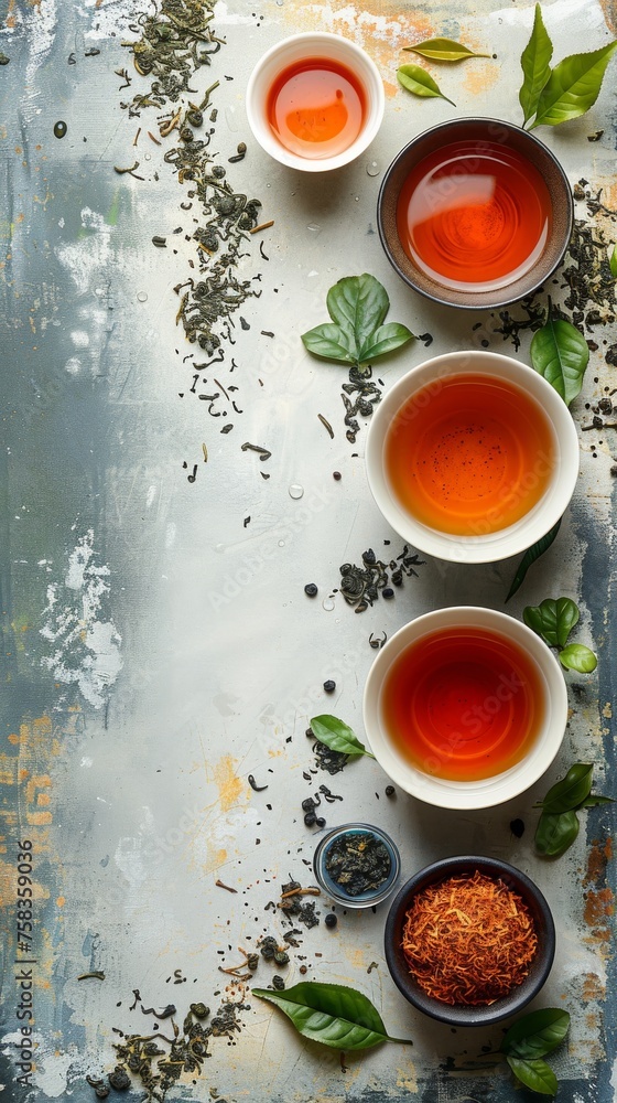 Poster top view of various teas in cups with loose leaves and herbs on rustic background