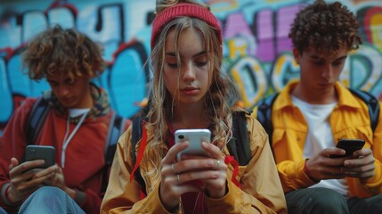 Three young people focused on smartphones with colorful graffiti wall in the background, depicting...