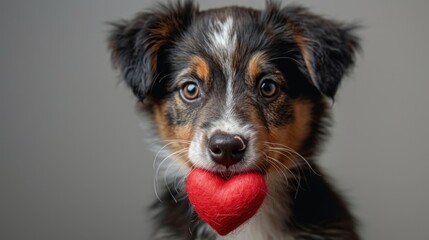 Tri-colored puppy with a heart-shaped red toy in its mouth, looking directly at the camera
