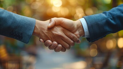 Two individuals in business attire are engaging in a handshake outdoors, symbolizing agreement or greeting