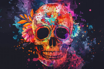 Vibrant skull with floral patterns and splashes