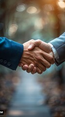 Two individuals in business attire shaking hands outdoors, symbolizing agreement or greeting, with blurred natural background